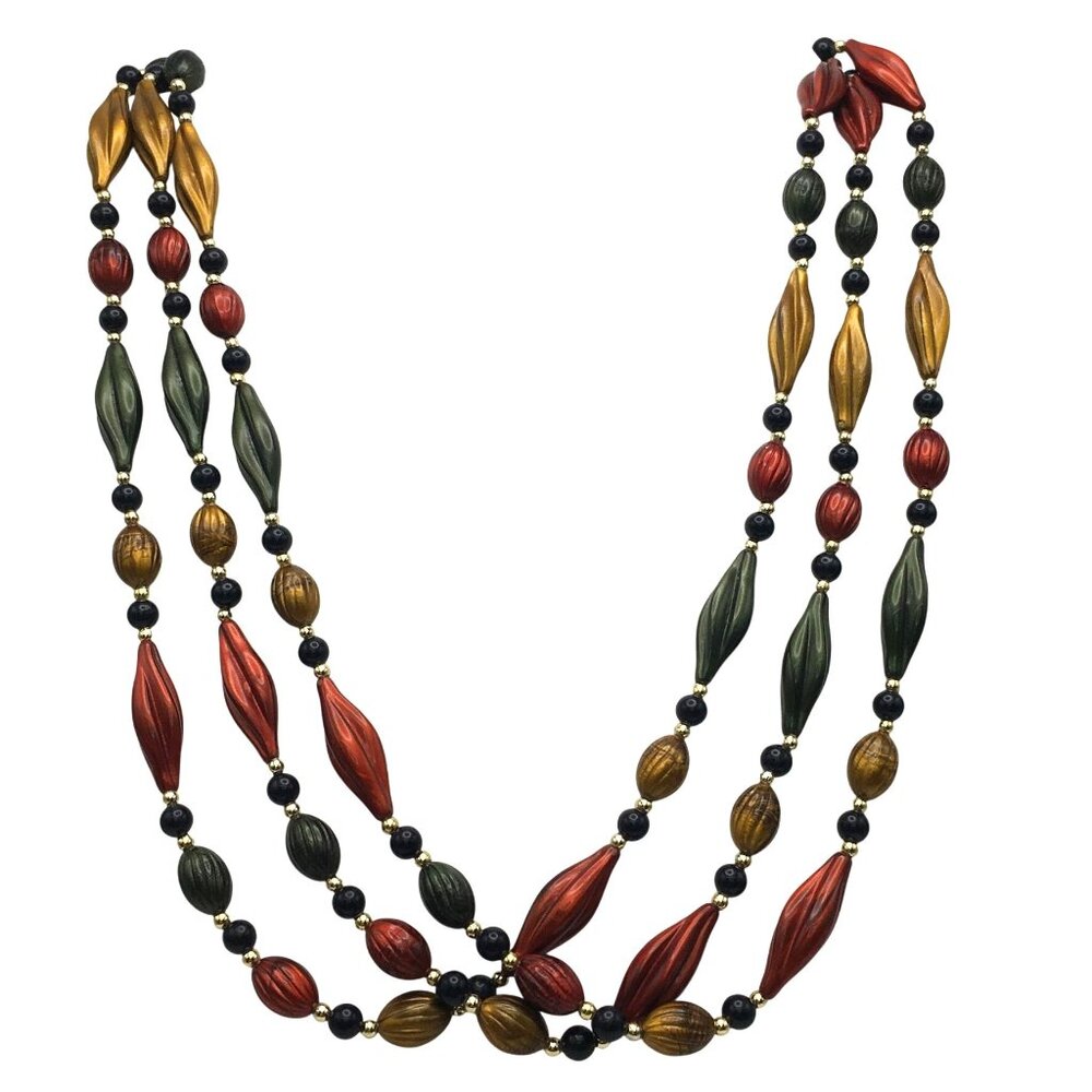 Vintage Gemstone Color Acrylic Beaded Necklace Set of 2 Gold Green Burgundy